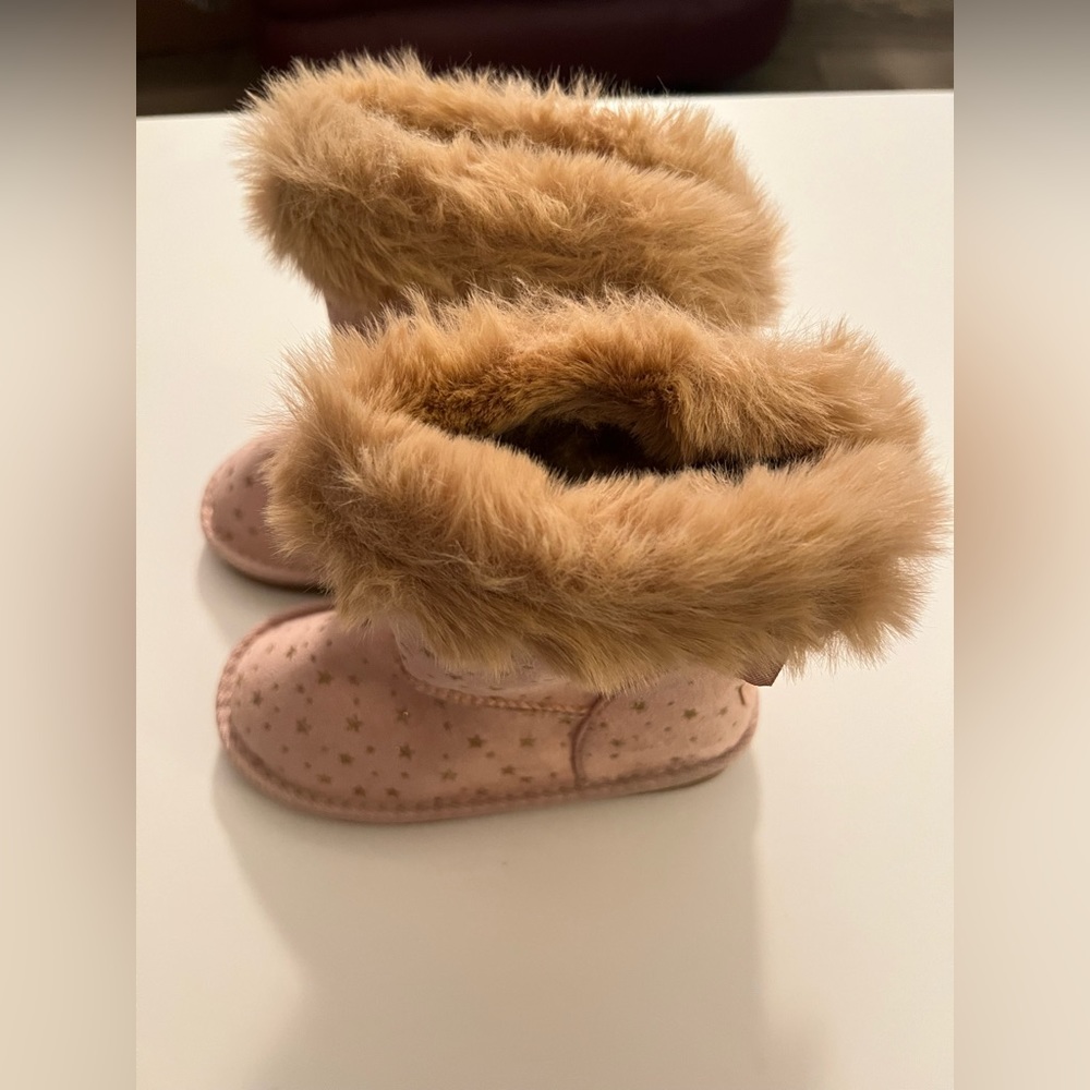 Size 11 girls kids pink silver star print fur trimmed lined bow back boots